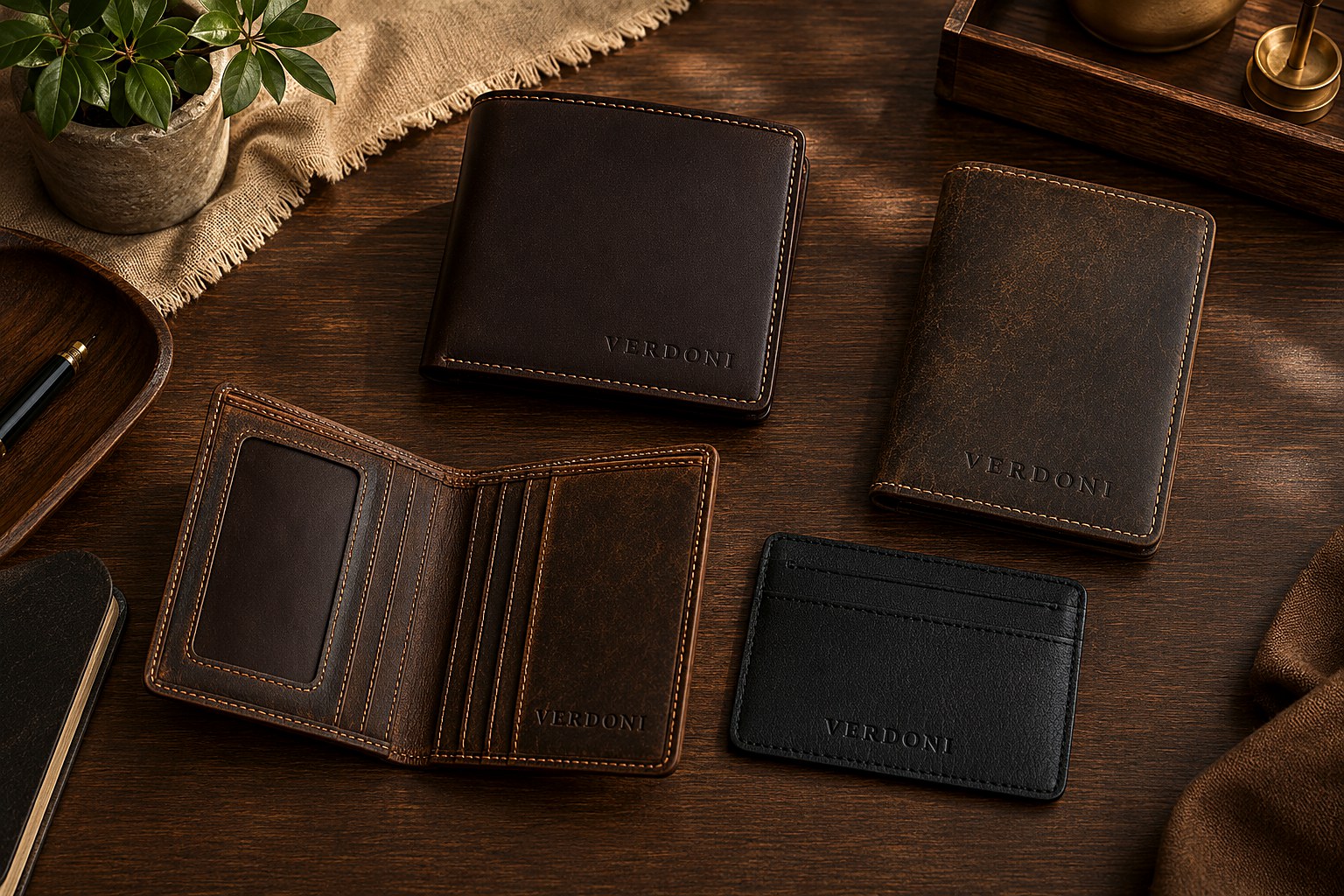 The Verdoni wallet collection — bifold, trifold, and card holders — displayed on a wooden desk